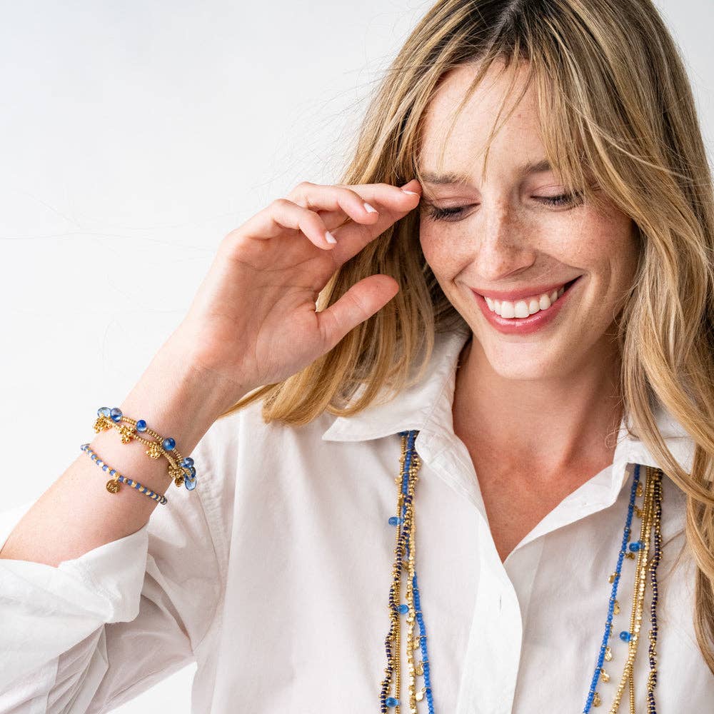 Hope Brass Stretch Bracelet With Glass Beads Blue