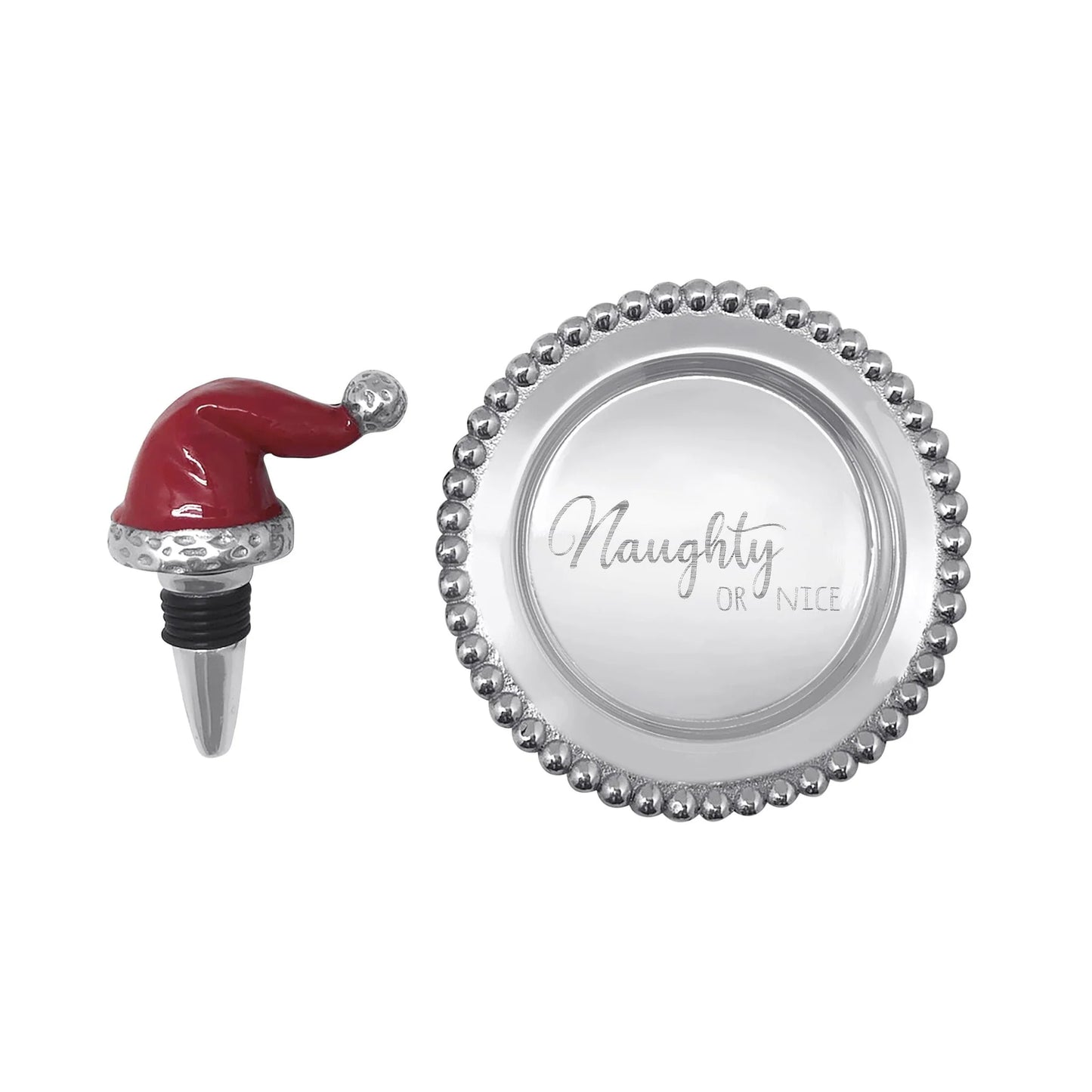 Mariposa Red Santa Hat Bottle Stopper & "Naughty or Nice" Beaded Wine Plate Set