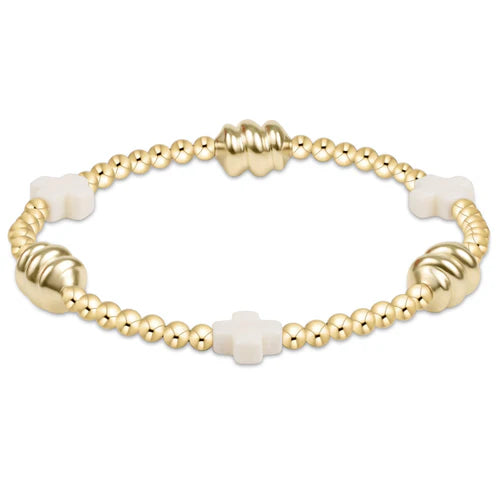 eNewton Bracelet - Signature Cross Admire Gold Pattern 3mm Bead Bracelet - Off White