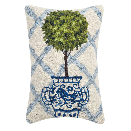 Peking Handicraft - Ball Topiary Hook Pillow, Blue Trellis Pattern