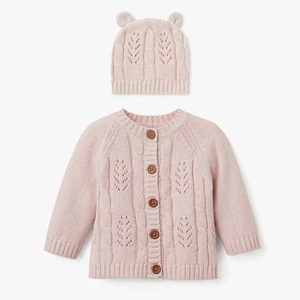 Elegant Baby Blush Leaf Knit Cardigan + Hat Boxed Baby Gift Set