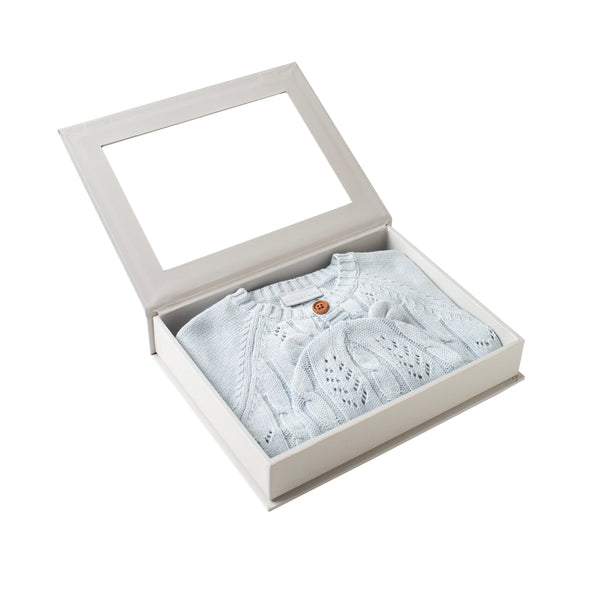 Elegant Pale Blue Leaf Knit Cardigan + Hat Boxed Baby Gift Set (6m)