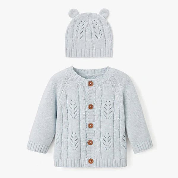 Elegant Pale Blue Leaf Knit Cardigan + Hat Boxed Baby Gift Set (6m)