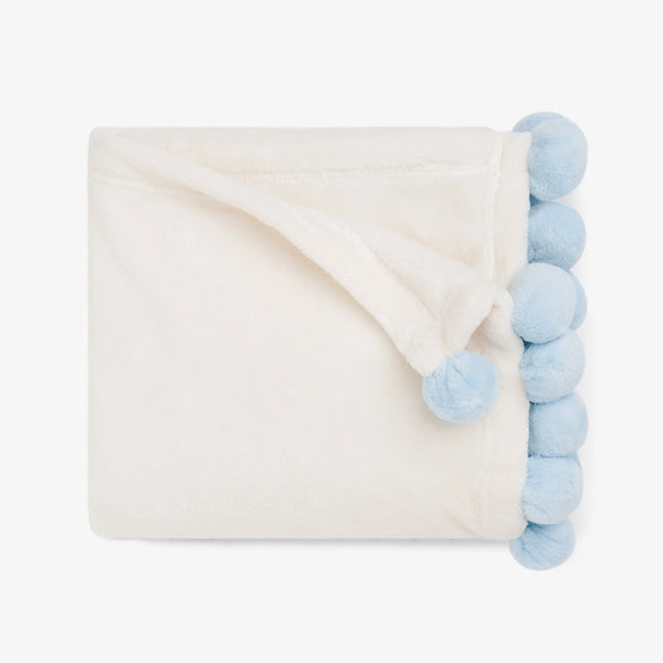 Elegant Baby Blue Pom Trim Fleece Baby Stroller Blanket