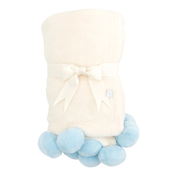 Elegant Baby Blue Pom Trim Fleece Baby Stroller Blanket