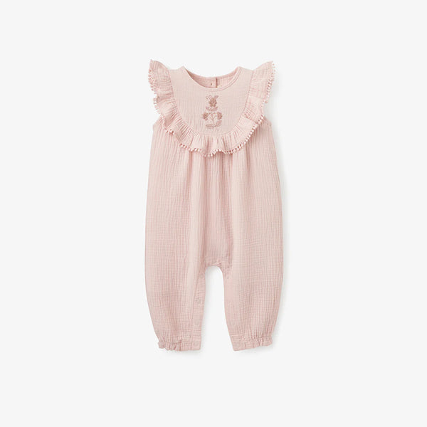 Elegant Baby Pink Floral Embroidered Organic Muslin Jumpsuit