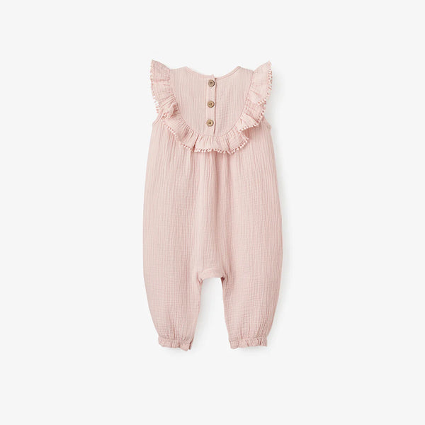 Elegant Baby Pink Floral Embroidered Organic Muslin Jumpsuit