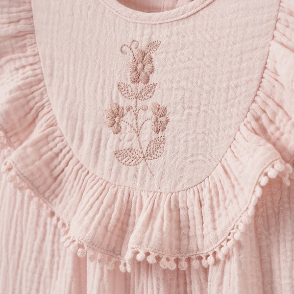 Elegant Baby Pink Floral Embroidered Organic Muslin Jumpsuit