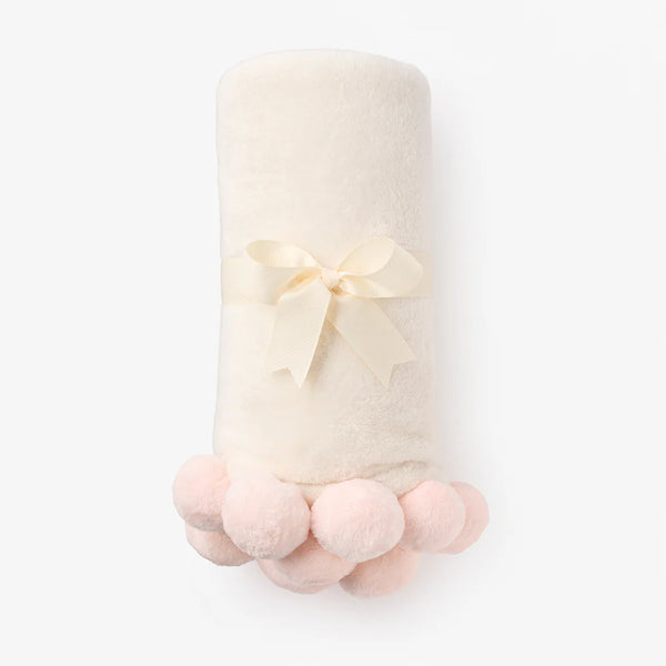 Elegant Baby Pale Pink Pom Trim Fleece Baby Stroller Blanket