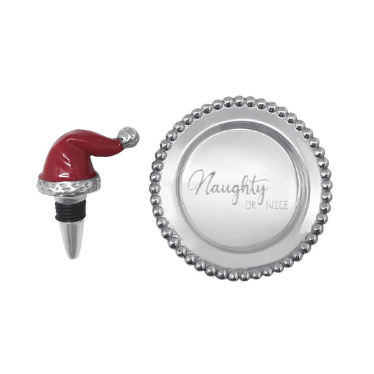 Mariposa Red Santa Hat Bottle Stopper & "Naughty or Nice" Beaded Wine Plate Set