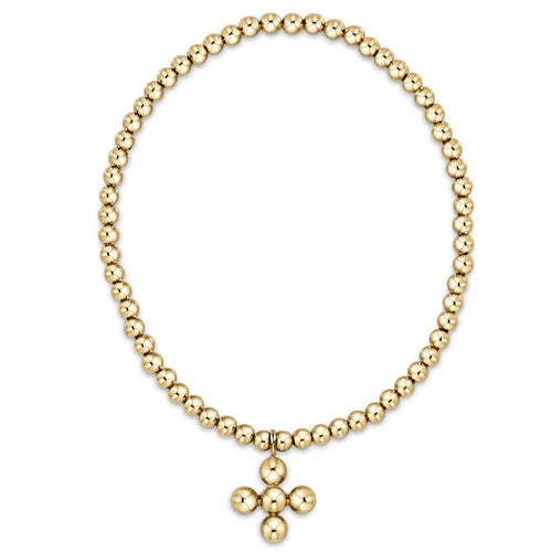 eNewton Bracelet - Classic Gold 3mm Bead Bracelet - Classic Beaded Signature Cross Gold Charm - 4mm bead Gold