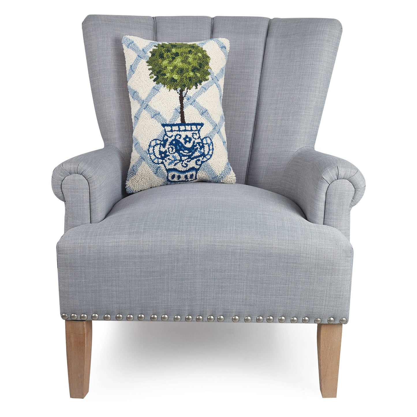 Peking Handicraft - Ball Topiary Hook Pillow, Blue Trellis Pattern