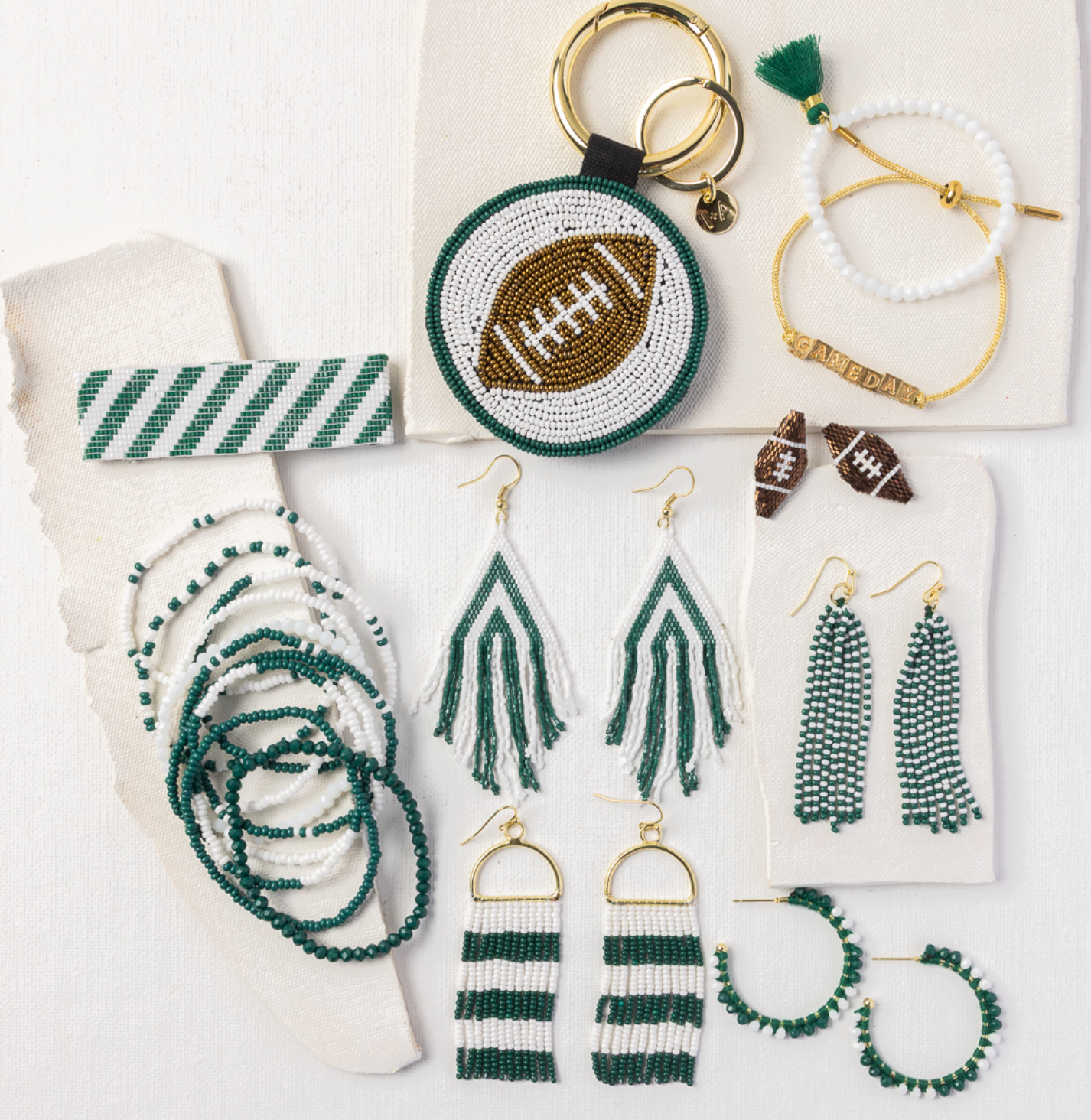 Game Day Football Beaded Bag Charm Green + White