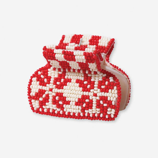 Gia Christmas Sweater Checks & Snowflakes Small Claw Clip Red and White