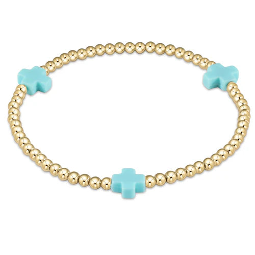 eNewton Bracelet - Extends - Signature Cross Gold Pattern 3mm Bead Bracelet - Turquoise