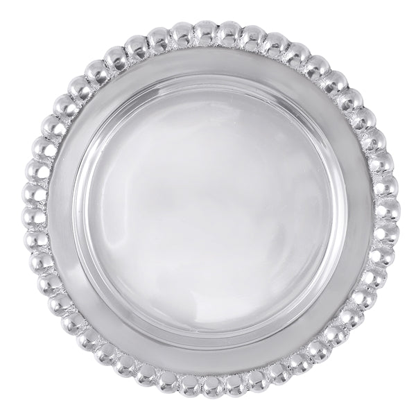 A round silver wine plate with silver beading around the outer edge.