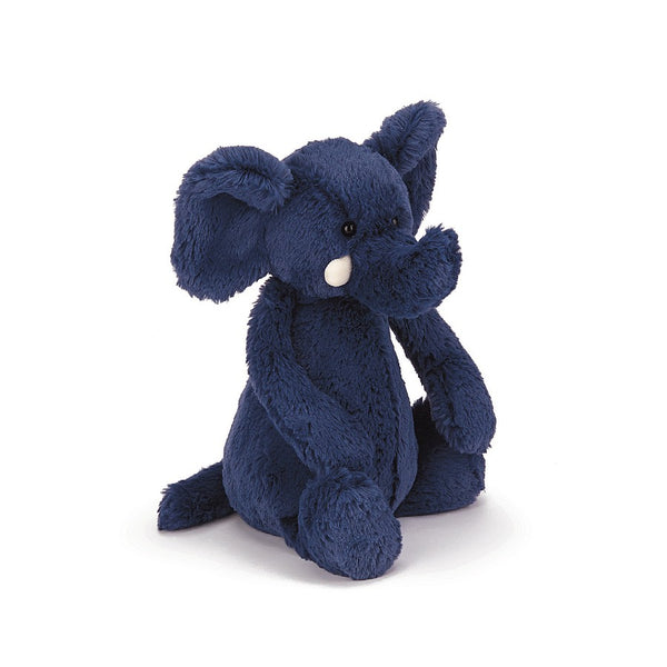 A navy blue plush elephant with white tusks.